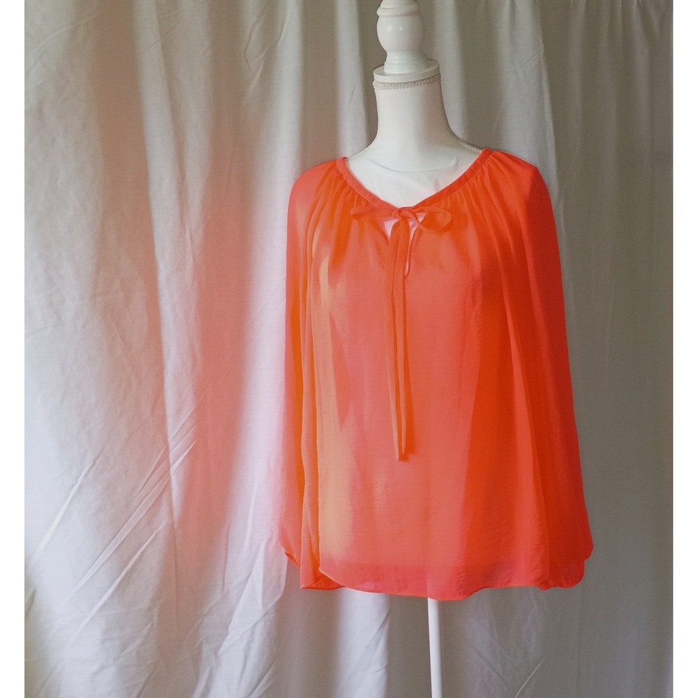 Vince‎ Camuto Neon Coral Orange Sheer Chiffon Tie Neck Blouse Beach Travel Large